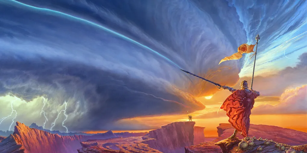 Michael Whelan's painting for The Way of Kings: a lone figure raises a banner and a spear toward a vast storm over broken cliffs.